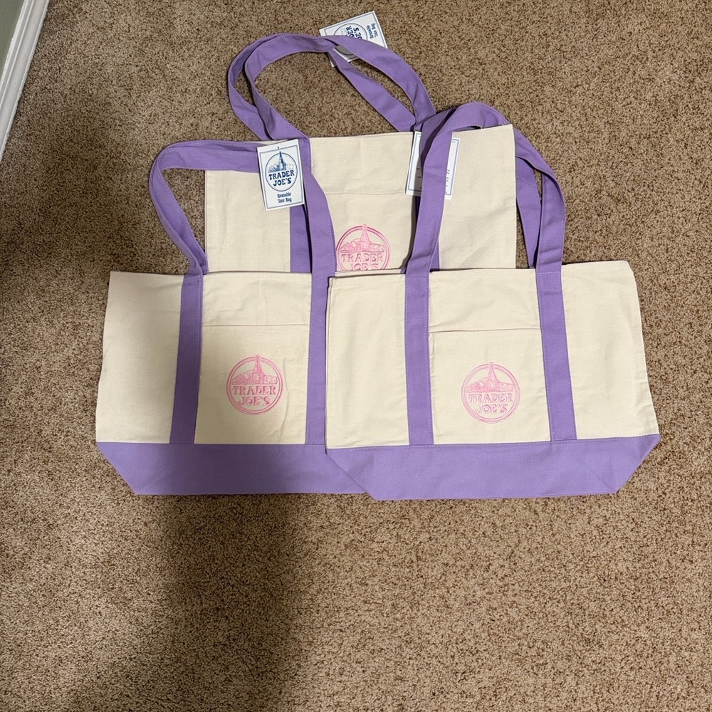 Trader Joe's Cream & Lavender Canvas Tote with Pink Logo